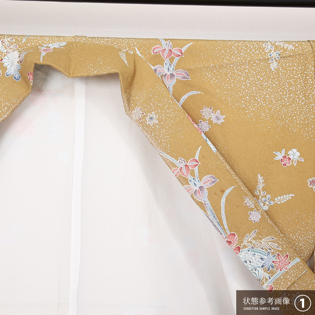 洗える着物 小紋 袷 身丈163cm 裄丈66cm ポリエステル Bランク インフォーマル バチ衿 Lサイズ 吉祥文様 黄系 RP 1221-13112