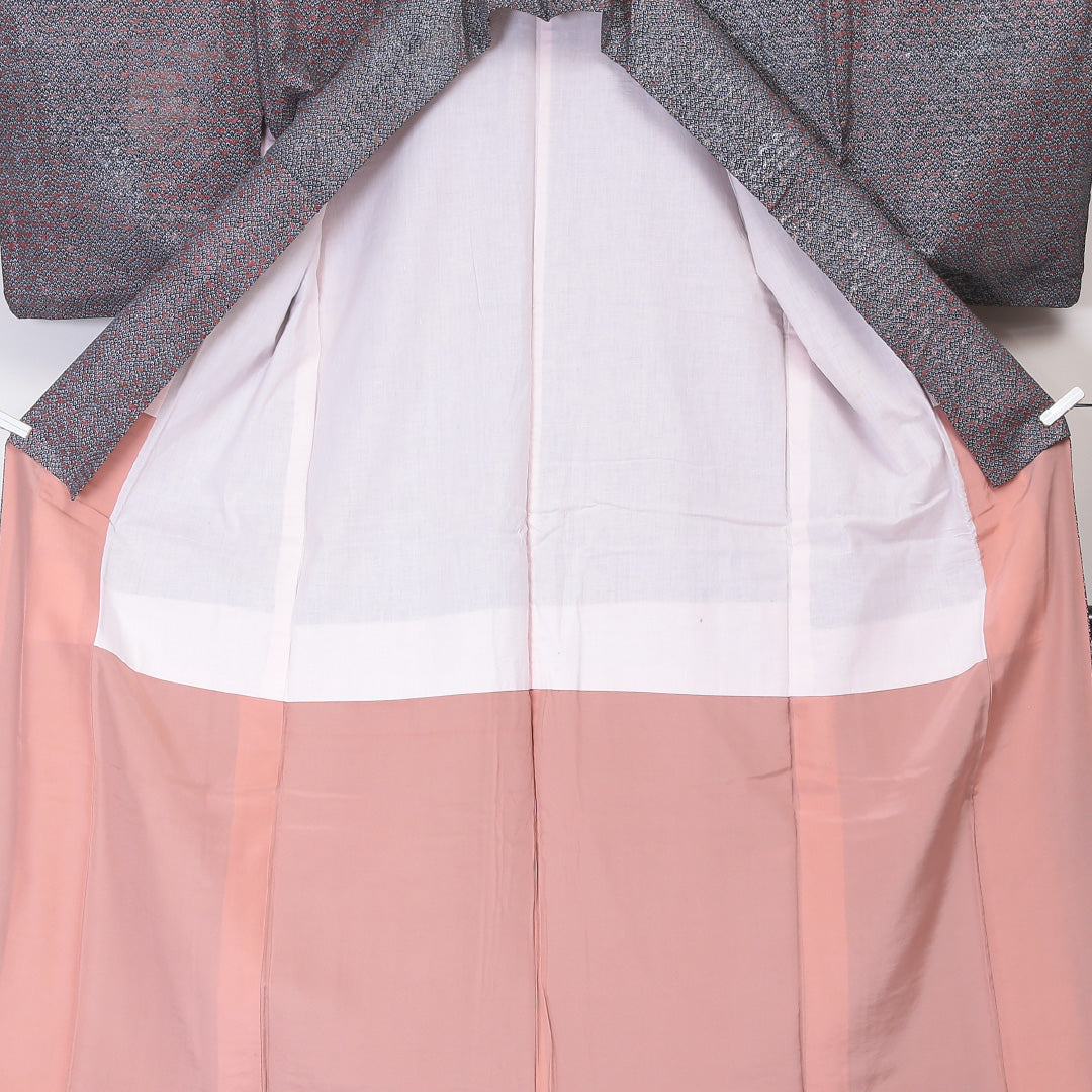 小紋 袷 身丈146cm 裄丈63cm 正絹 Sランク XSサイズ 広衿 インフォーマル 織り出し 笹 黒系 銀系 1215-02042