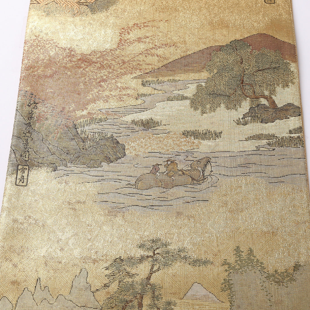 袋帯 帯丈430cm 正絹 全通 雪舟 セミフォーマル 綴れ織 四季山野 浮世絵 金系 1243-01623