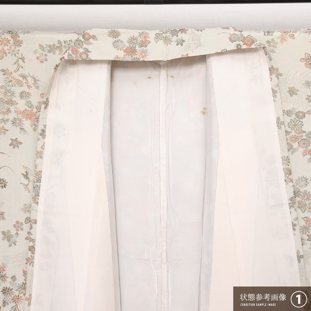 お召 袷 身丈159cm 裄丈62cm 正絹 Aランク インフォーマル 広衿 Mサイズ 漆糸 菊 紅葉 白系 RP 1222-13630