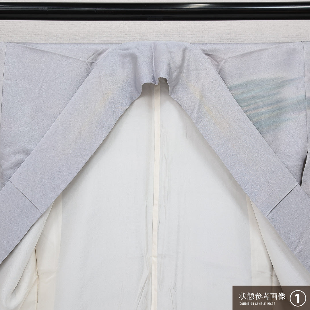 訪問着 袷 身丈153cm 裄丈61cm Aランク 正絹 広衿 Sサイズ セミフォーマル 落款 虹彩染 霞 遠山 幻想的 しとやか 水色系 グレー系 1212-14248