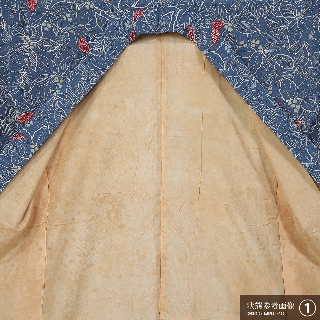 小紋 袷 身丈153cm 裄丈63cm 正絹 Aランク インフォーマル バチ衿 Sサイズ 植物柄 青系 HP 1221-11263