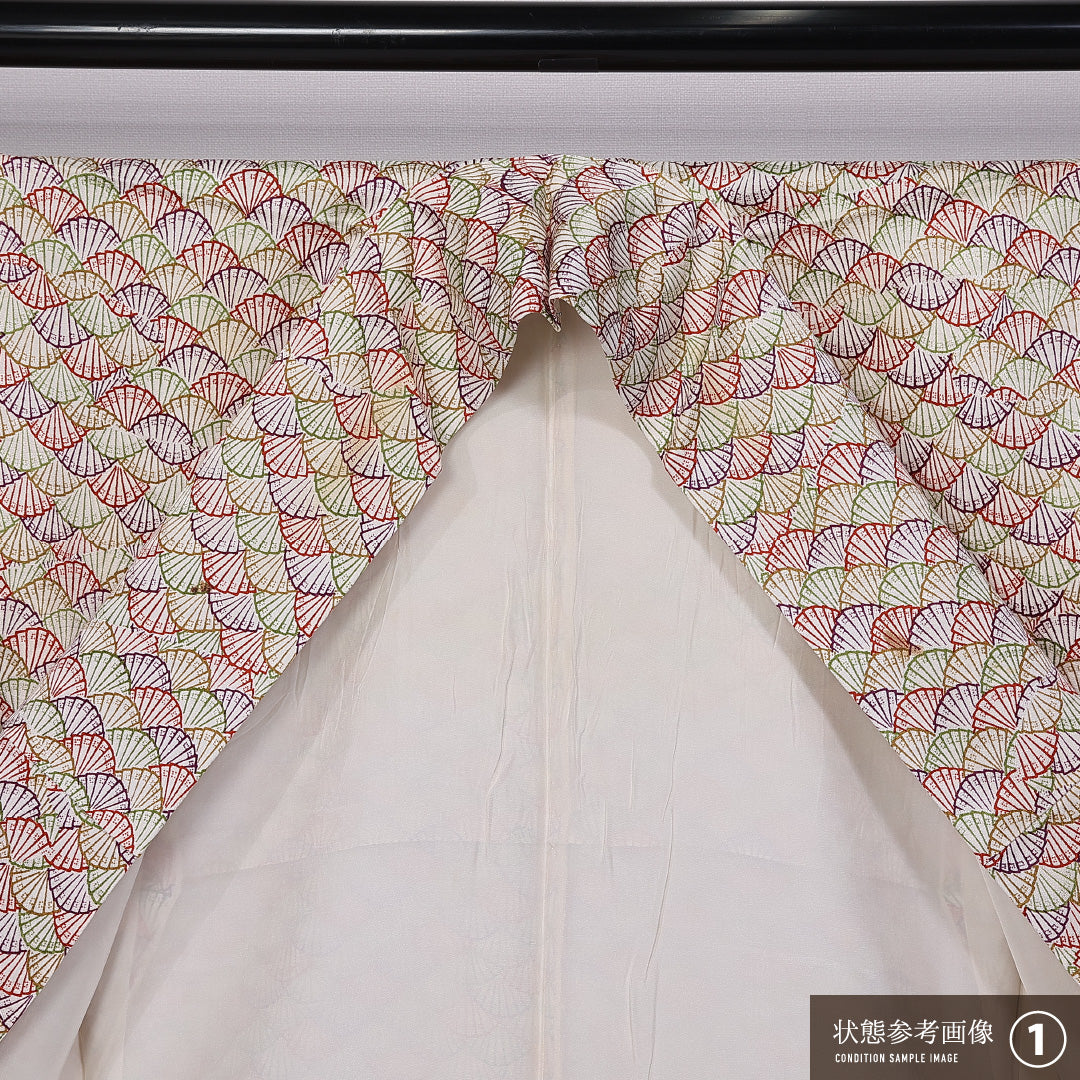 小紋 袷 身丈162cm 裄丈66cm 正絹 Bランク インフォーマル 広衿 Lサイズ 扇 クリーム系 HP 1221-11279