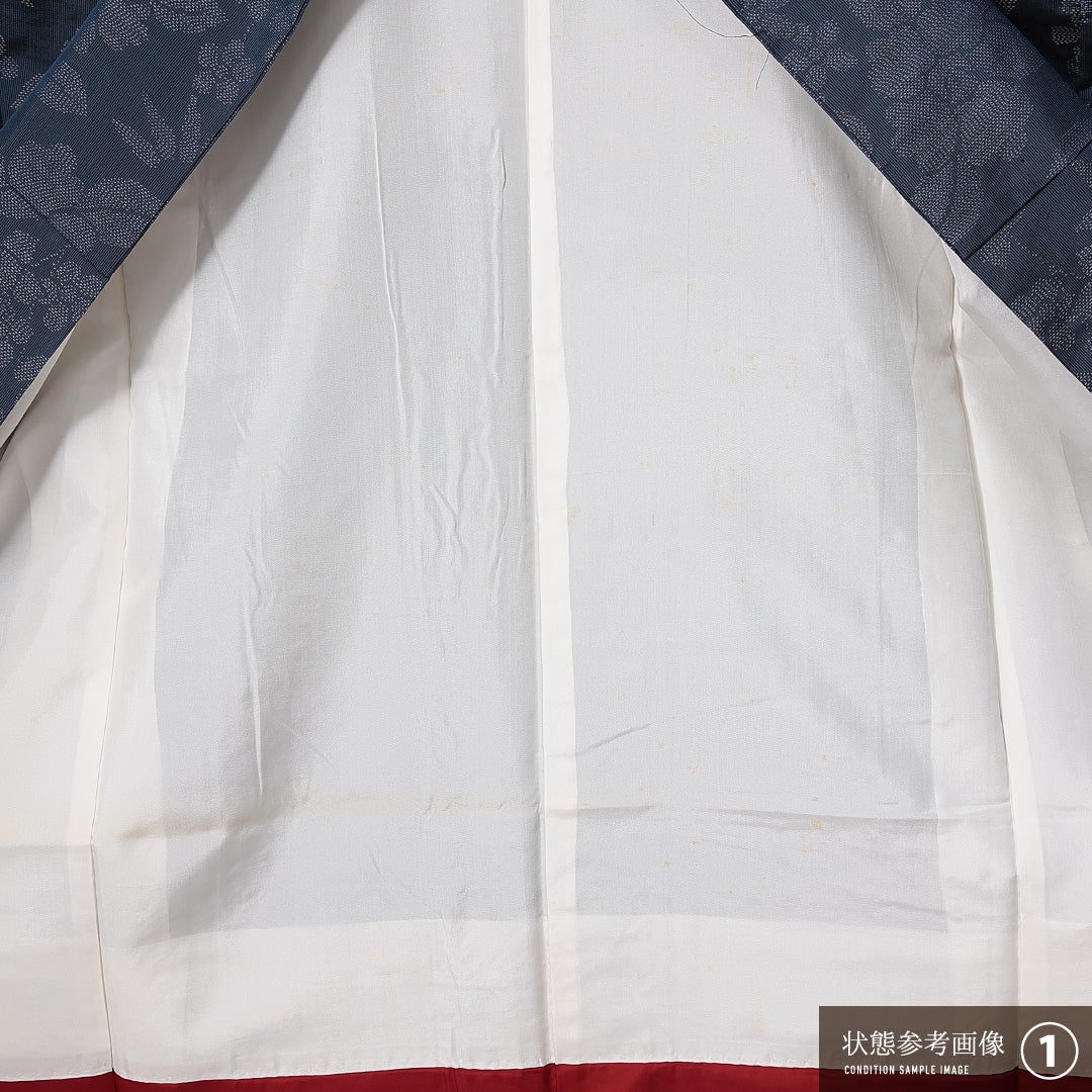 紬 袷 身丈151cm 裄丈62cm 正絹 Aランク カジュアル 広衿 Sサイズ 椿 紺系 RP 1223-14936