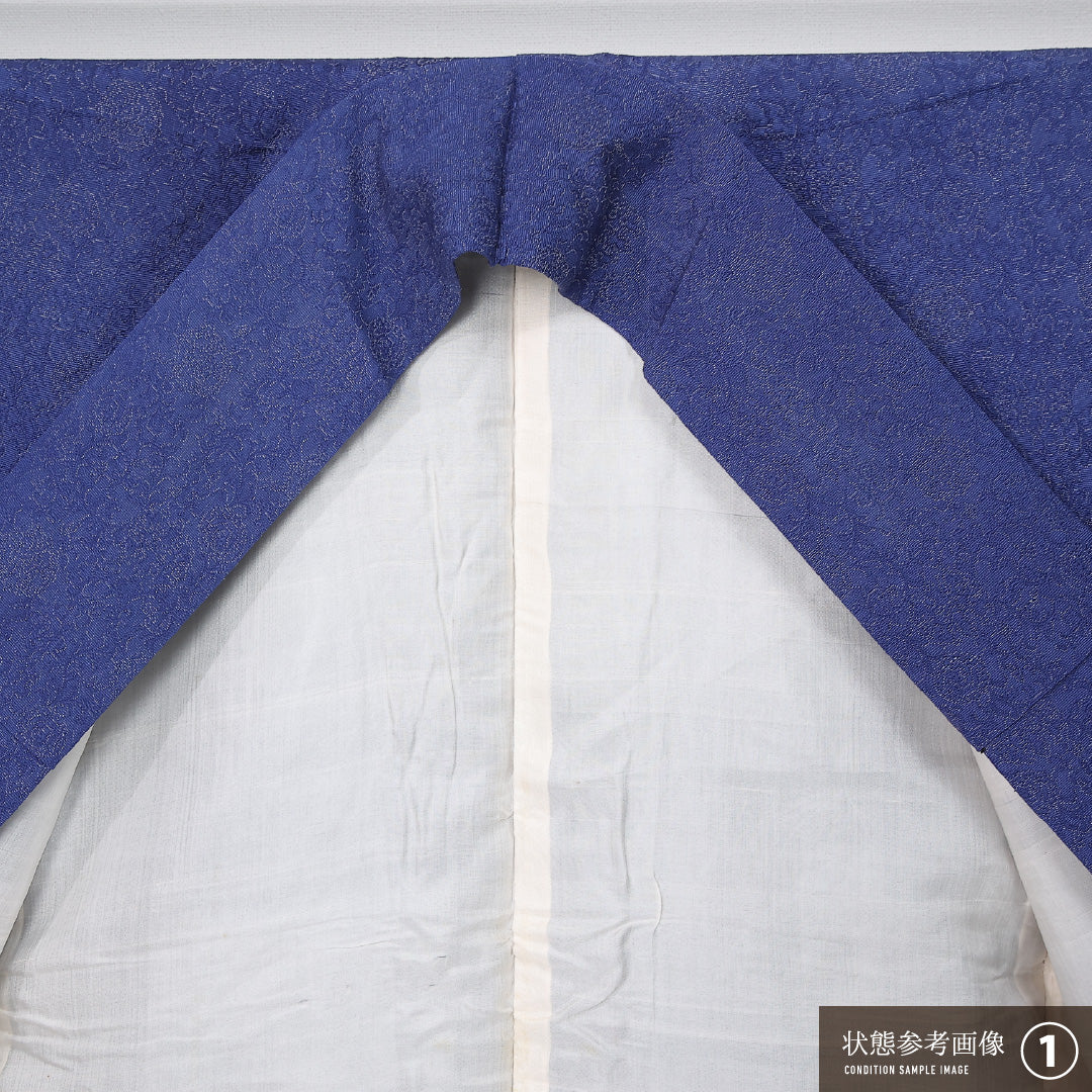 お召 袷 身丈154cm 裄丈63cm 正絹 Aランク 紋意匠 (銀通し) インフォーマル 広衿 Sサイズ 色無地 唐草 牡丹 青系 M4 1222-11893