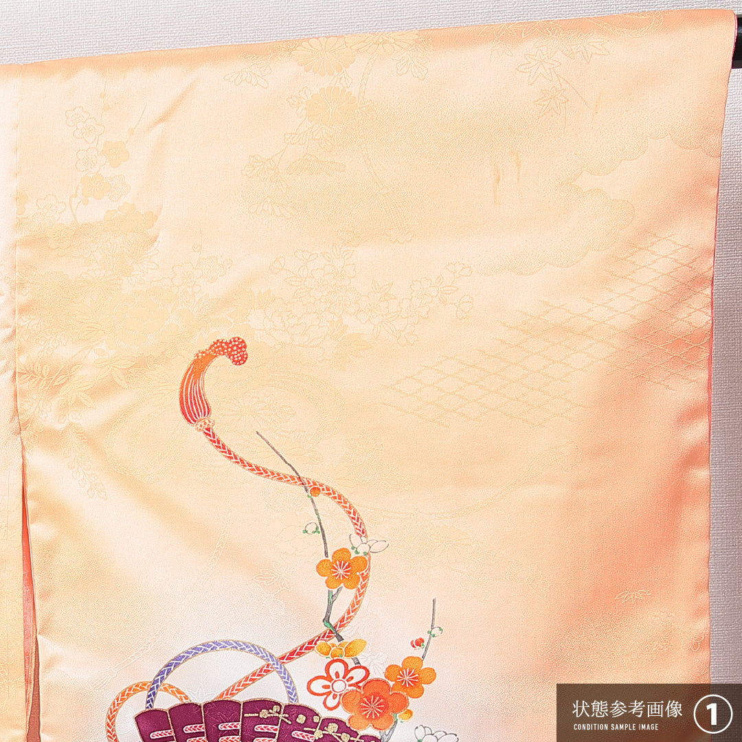 訪問着 袷 身丈161cm 裄丈65cm 正絹 Aランク Lサイズ 広衿 セミフォーマル 扇 牡丹 クリーム系 朱系 1212-14768