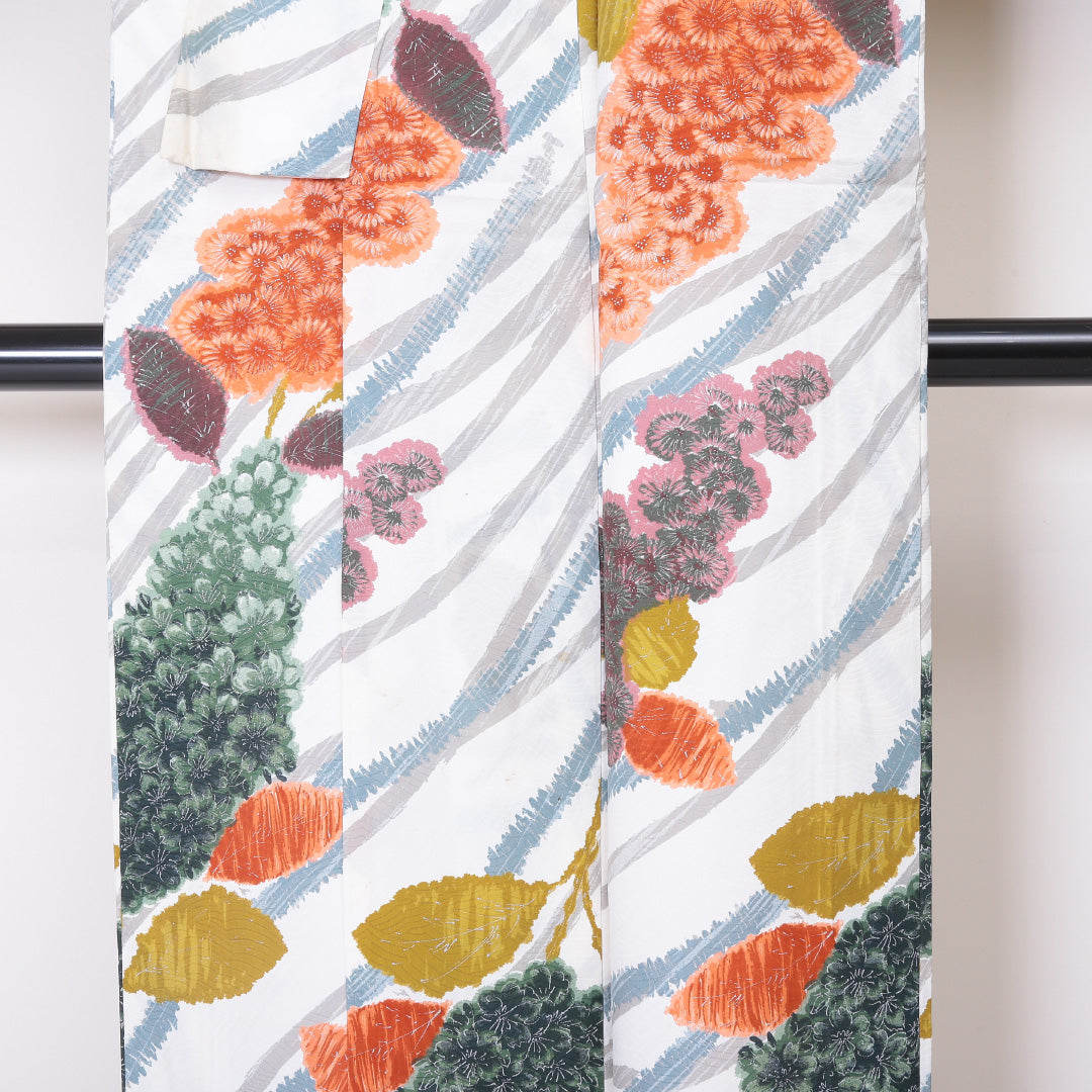 小紋 袷 身丈145cm 裄62.5cm 白系 植物柄 洗える着物 Cランク 1215-02018-5111