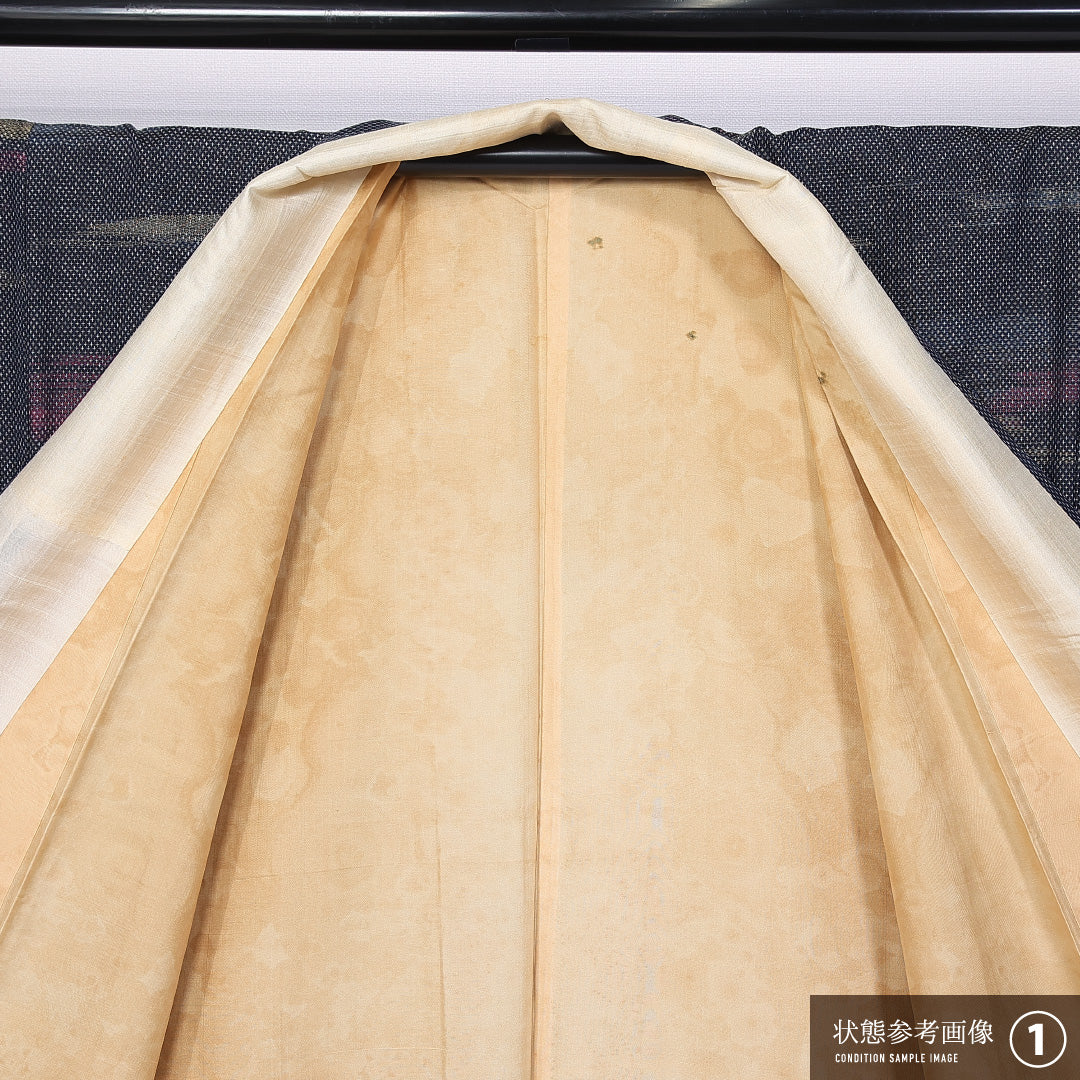 大島紬 袷 身丈157cm 裄丈64cm 正絹 Aランク インフォーマル 広衿 Mサイズ 経緯絣 抽象柄 紺系 RP 1223-11282