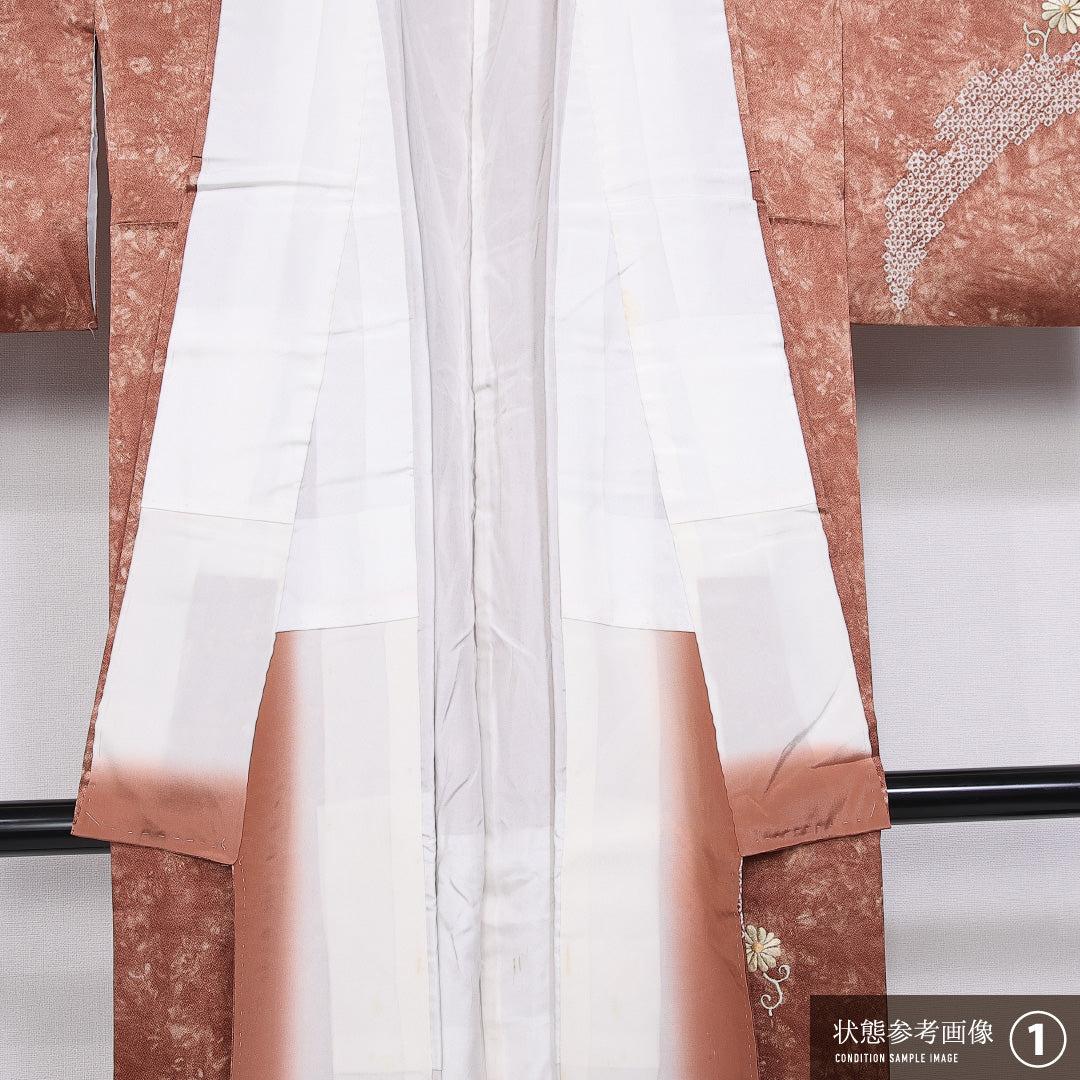 訪問着 袷 身丈154cm 裄丈63cm 正絹 Aランク セミフォーマル 広衿 Sサイズ 絞り 刺繍 菊 朱系 M4 1217-11360