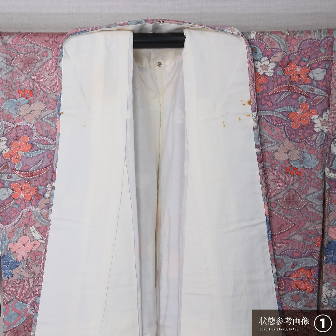 小紋 袷 身丈154cm 裄丈66cm 正絹 Aランク インフォーマル 広衿 Sサイズ 花柄 桐 ピンク系 RP 1221-12378
