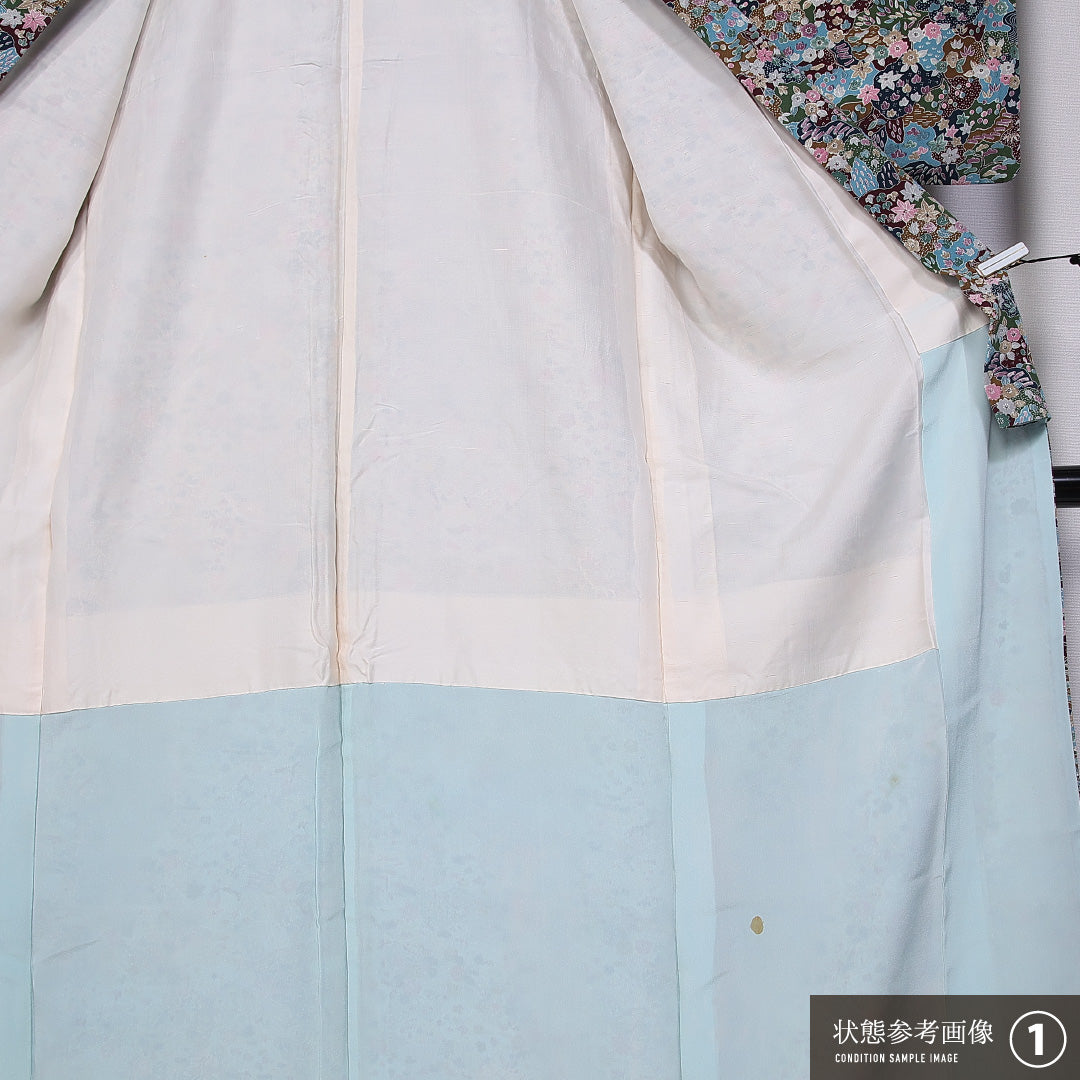 小紋 袷 身丈158cm 裄丈64cm 正絹 Bランク インフォーマル バチ衿 Mサイズ 四季草花 緑系 HP 1221-11277
