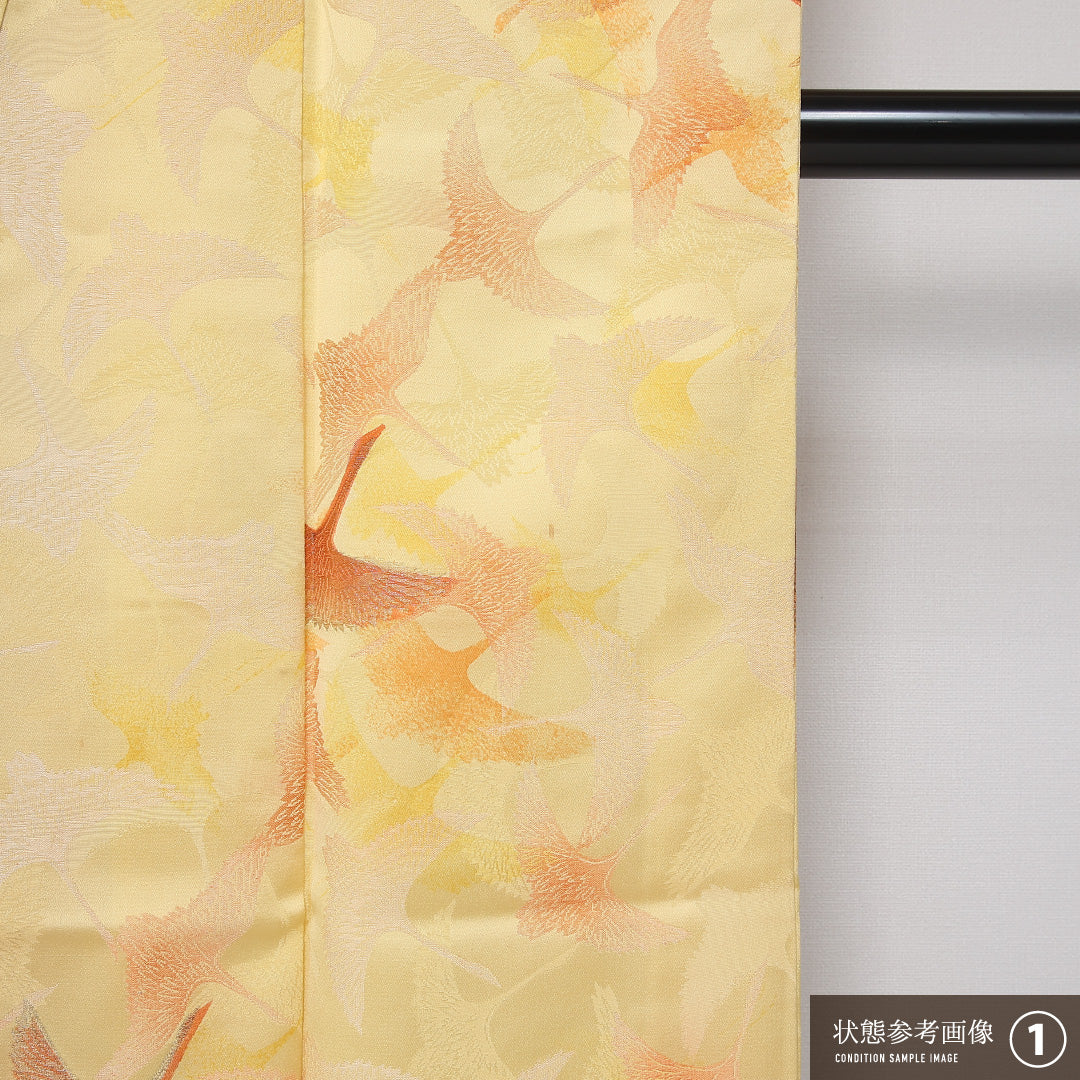 小紋 身丈159cm 裄丈64.5cm Bランク M 正絹 袷 広衿 鶴 カジュアル 黄系 1215-12001