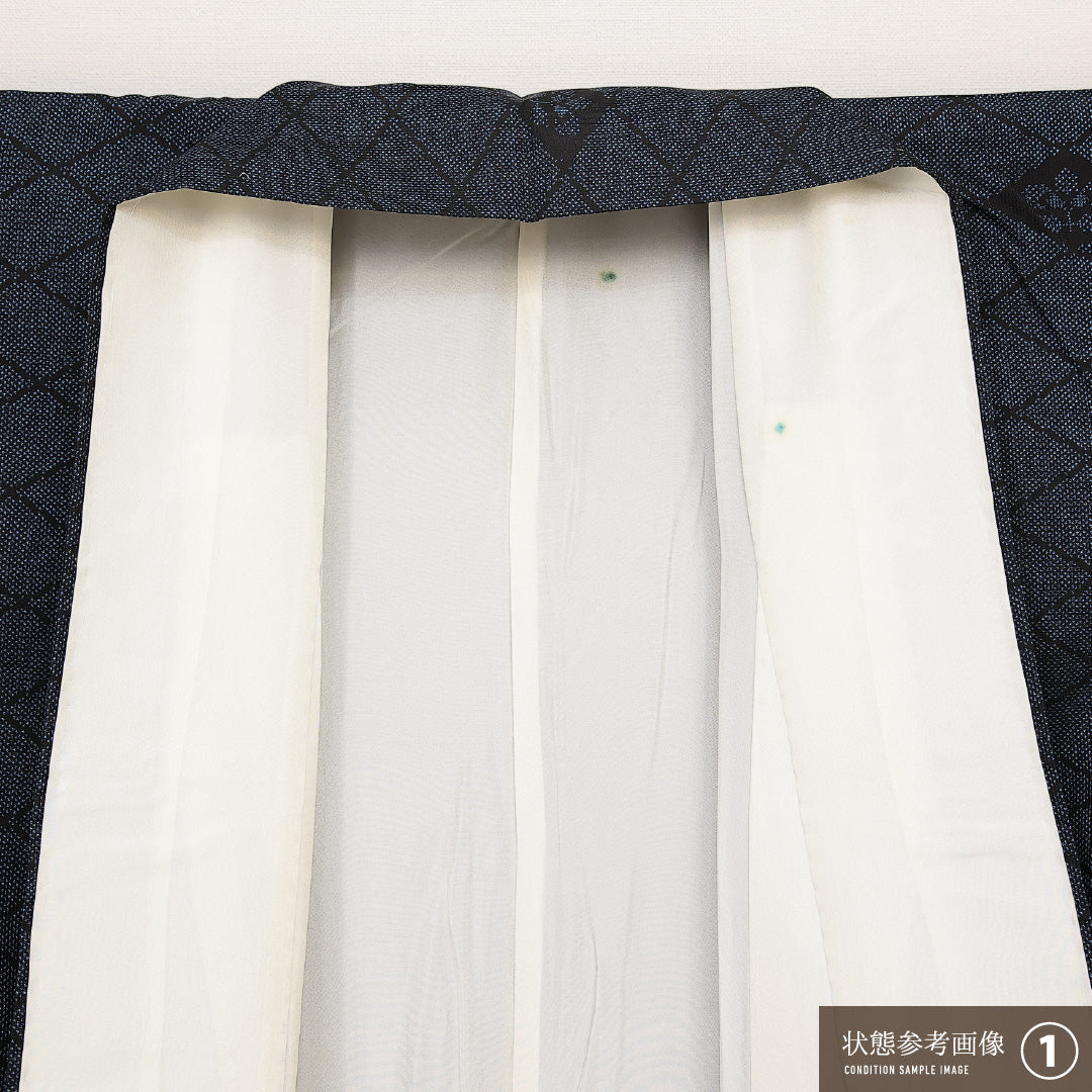 大島紬 袷 身丈158cm 裄丈65cm 正絹 Aランク インフォーマル 広衿 Mサイズ 経緯絣 菱 紺系 RP 1223-14071