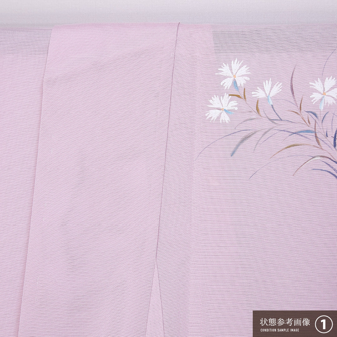 夏物 訪問着 絽 身丈147cm 裄丈55cm 正絹 Aランク セミフォーマル 広衿 XSサイズ 遠山 桔梗 撫子 ピンク系 M4 1217-11202