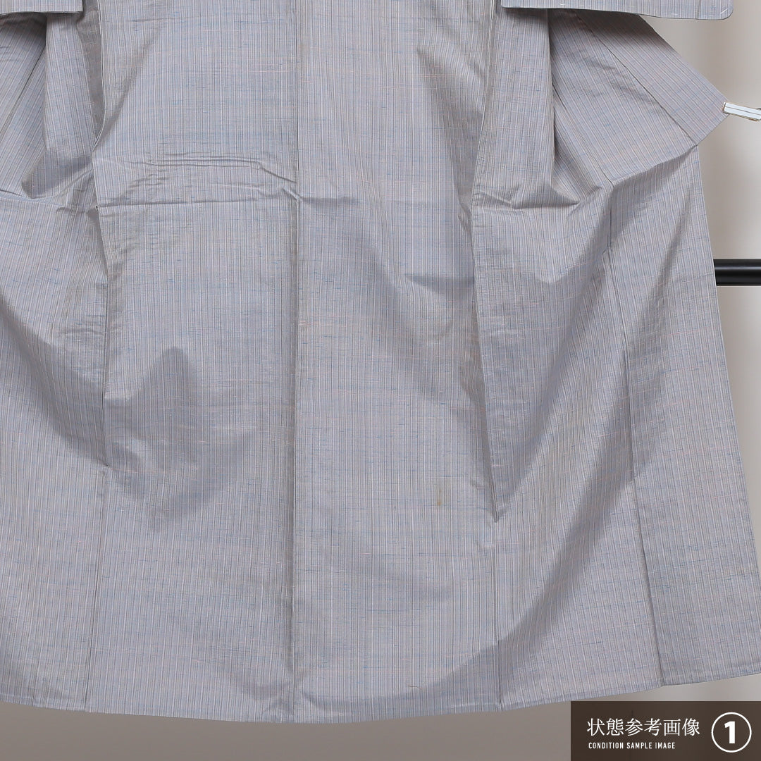 紬 単衣 身丈145cm 裄丈62cm 正絹 Bランク XSサイズ バチ衿 カジュアル 縞 グレー系 1216-02915