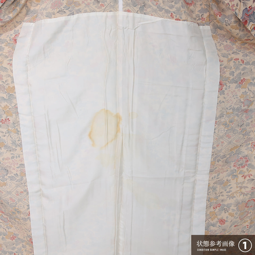 小紋 単衣 身丈155cm 裄丈63cm 正絹 Bランク インフォーマル 広衿 Mサイズ 居敷当て 花喰鳥 牡丹 ベージュ系 RP 1221-12321