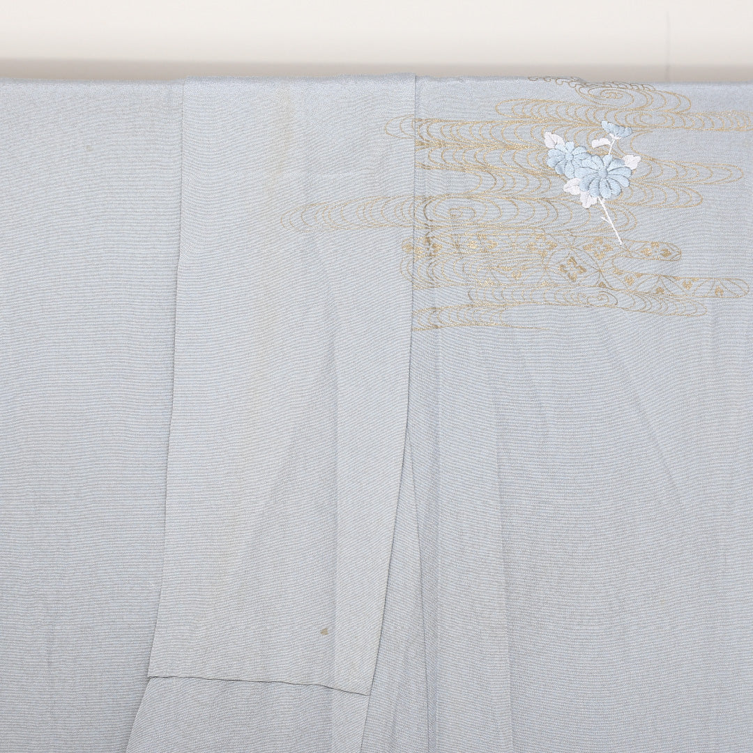 訪問着 袷 身丈159cm 裄丈63cm 正絹 Bランク セミフォーマル 広衿 Mサイズ 金彩 蘇州刺繍 汕頭刺繍 吉祥文様 水色系 HP 1217-04418