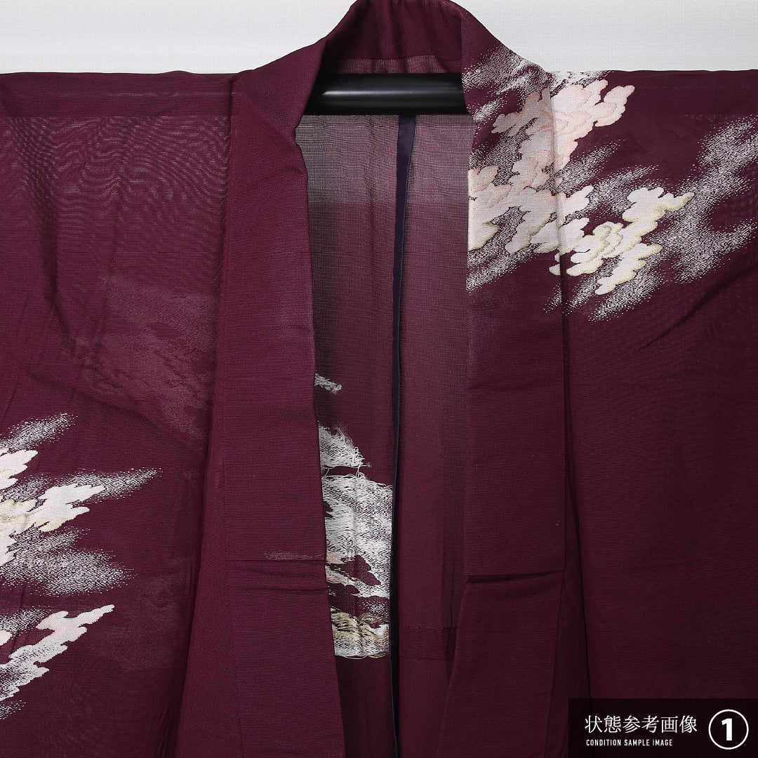 夏物 お召 紗 身丈150cm 裄丈62cm 正絹 Aランク インフォーマル バチ衿 Sサイズ 創作柄 紫系 RP 1222-12407