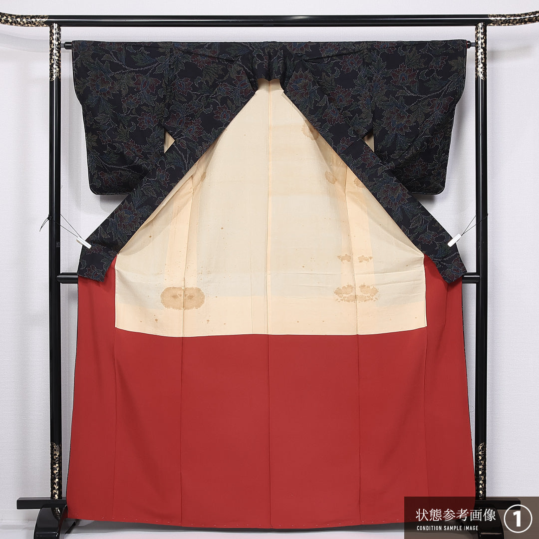 大島紬 袷 身丈167cm 裄丈64cm 正絹 Aランク インフォーマル 広衿 XLサイズ 黒系 RP 1223-11377