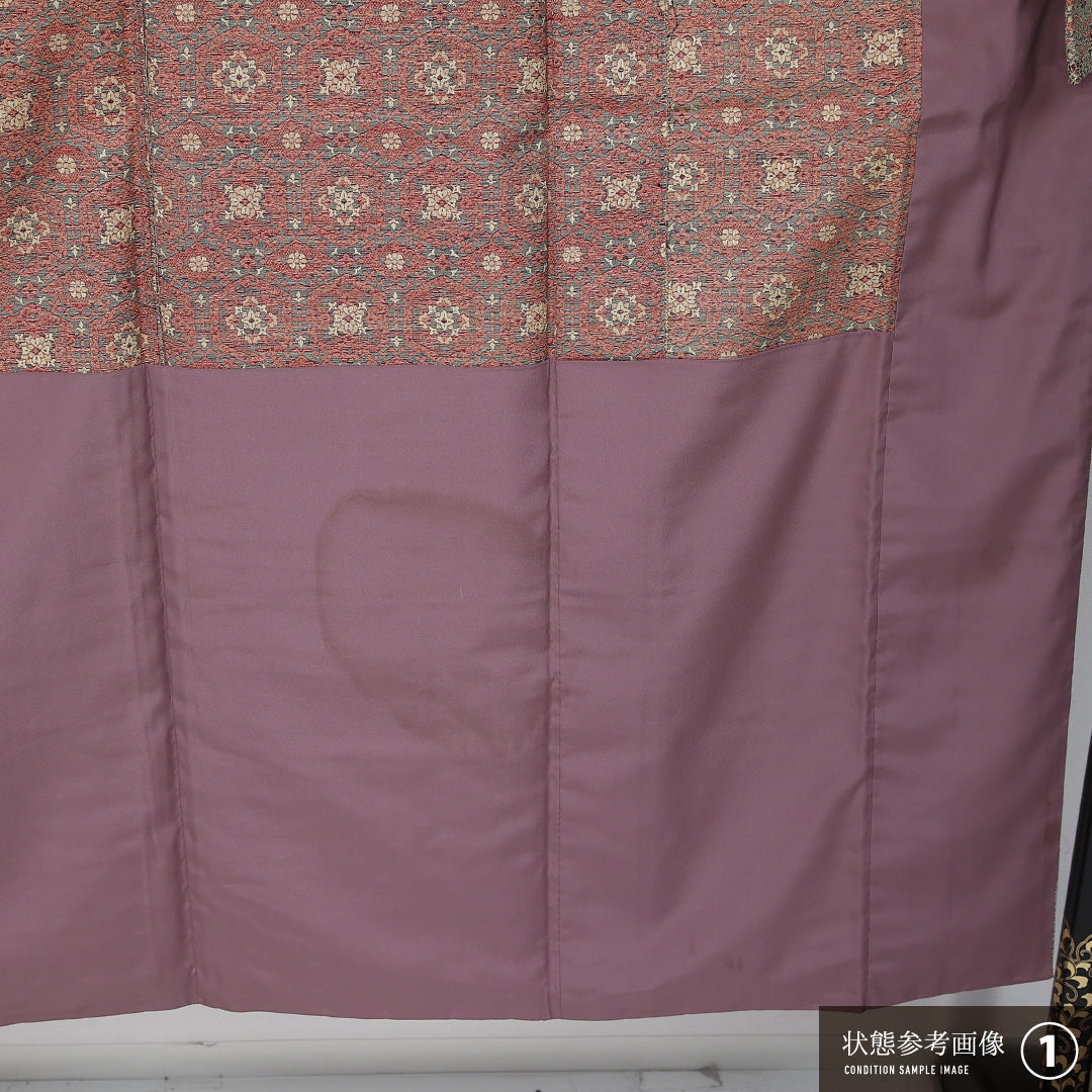 紬 身丈149cm 裄丈61.5cm Aランク XS 正絹 胴抜き バチ衿 オリエンタル 花菱亀甲 カジュアル ベージュ系 1216-12002