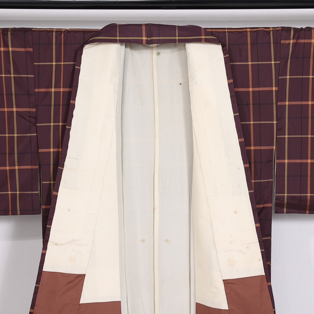 大島紬 袷 身丈157cm 裄66cm 正絹 格子 紫系 Aランク 1216-01425