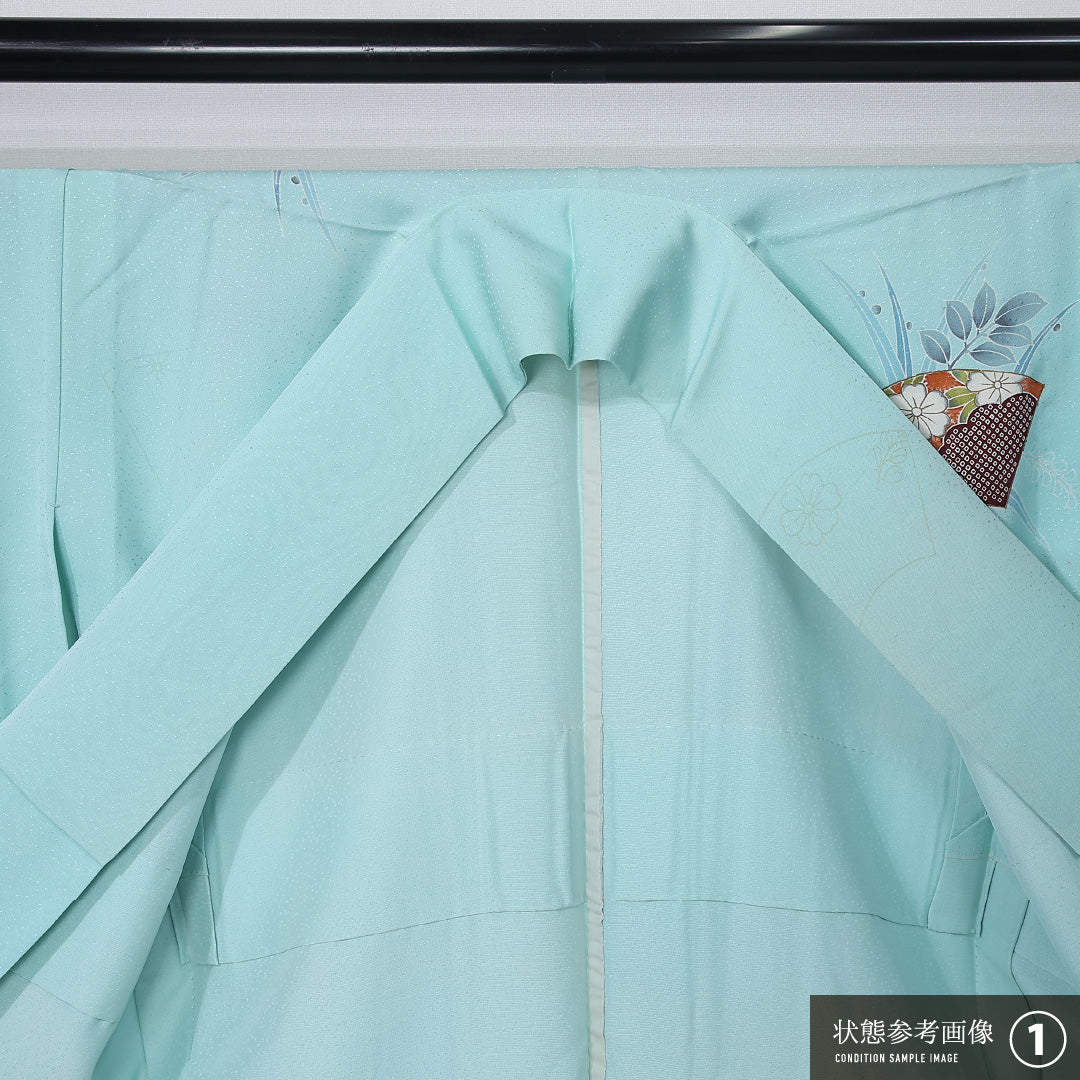 付下げ 身丈162cm 裄丈64cm Aランク L 正絹 単衣 広衿 扇 藤 インフォーマル 水色系 1261-12311