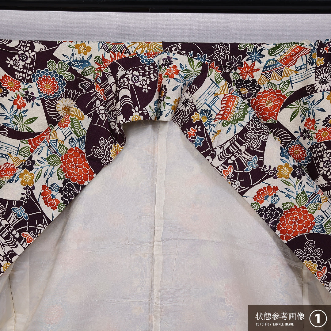 小紋 袷 身丈158cm 裄丈64cm 正絹 Aランク インフォーマル 広衿 Mサイズ 花扇 茶屋辻 紫系 RP 1221-11268