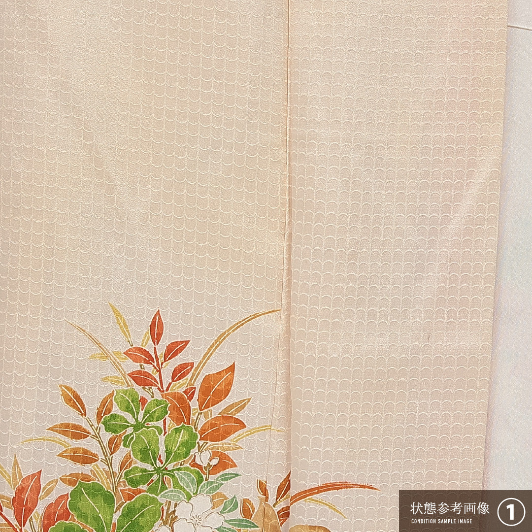 訪問着 袷 身丈153cm 裄丈61cm 正絹 Aランク セミフォーマル 広衿 Sサイズ 花柄 クリーム系 RP 1217-14245