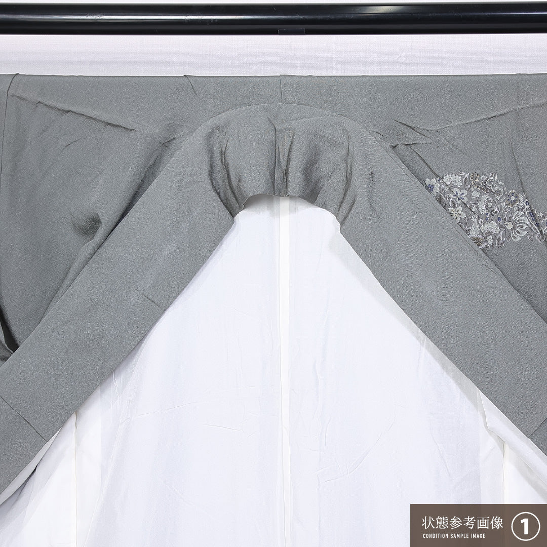 訪問着 (ちりめん) 袷 身丈150cm 裄丈66cm 正絹 Aランク セミフォーマル 広衿 Sサイズ 更紗 証紙 花柄 ちりめん グレー系 M4 1217-11209