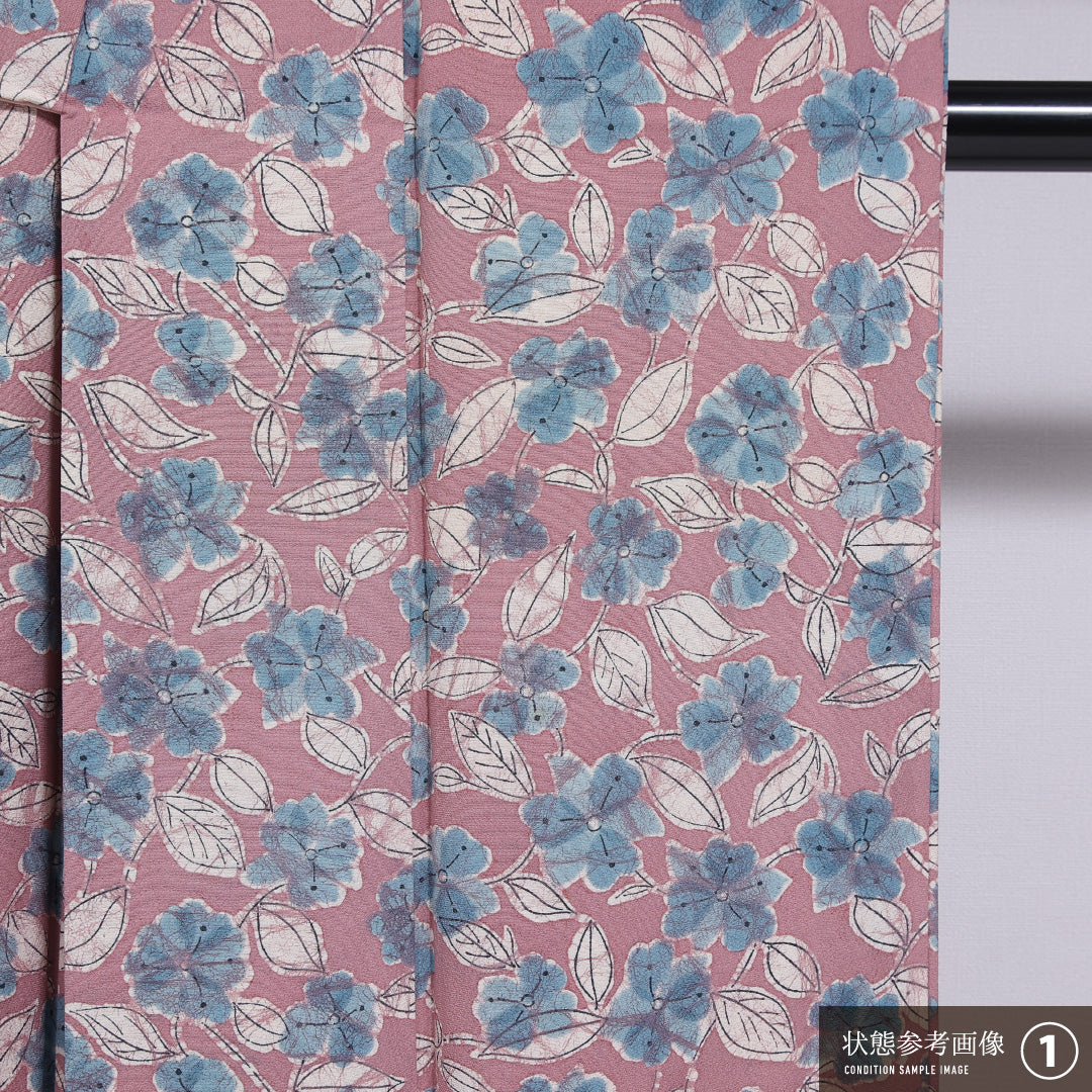 小紋 袷 身丈153cm 裄丈62cm 正絹 Aランク インフォーマル 広衿 Sサイズ 花柄 ピンク系 RP 1221-11739