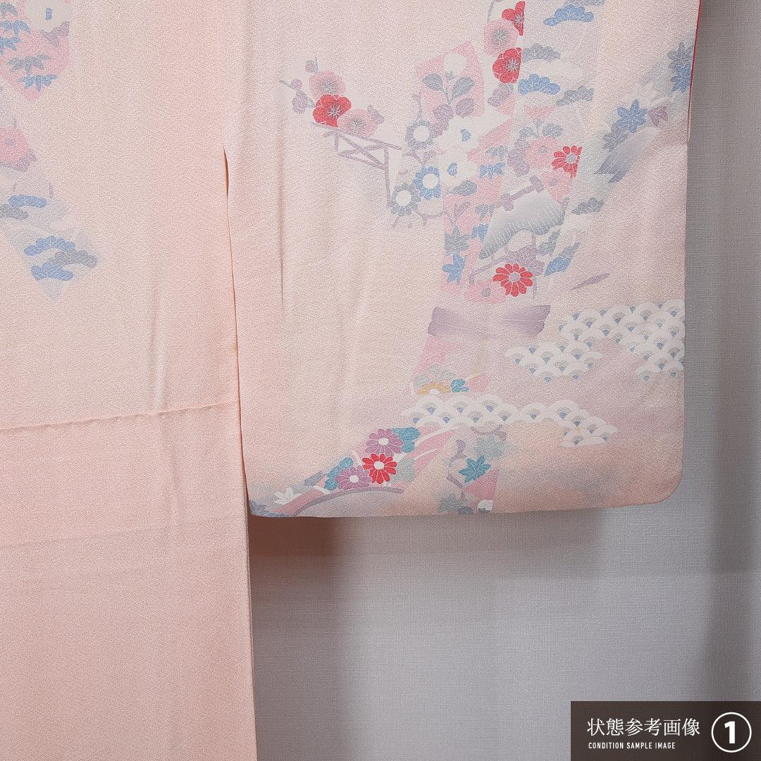 訪問着 袷 身丈152cm 裄丈63cm 正絹 Bランク セミフォーマル 広衿 Sサイズ 青海波 植物柄 光悦垣 ピンク系 RP 1217-12026