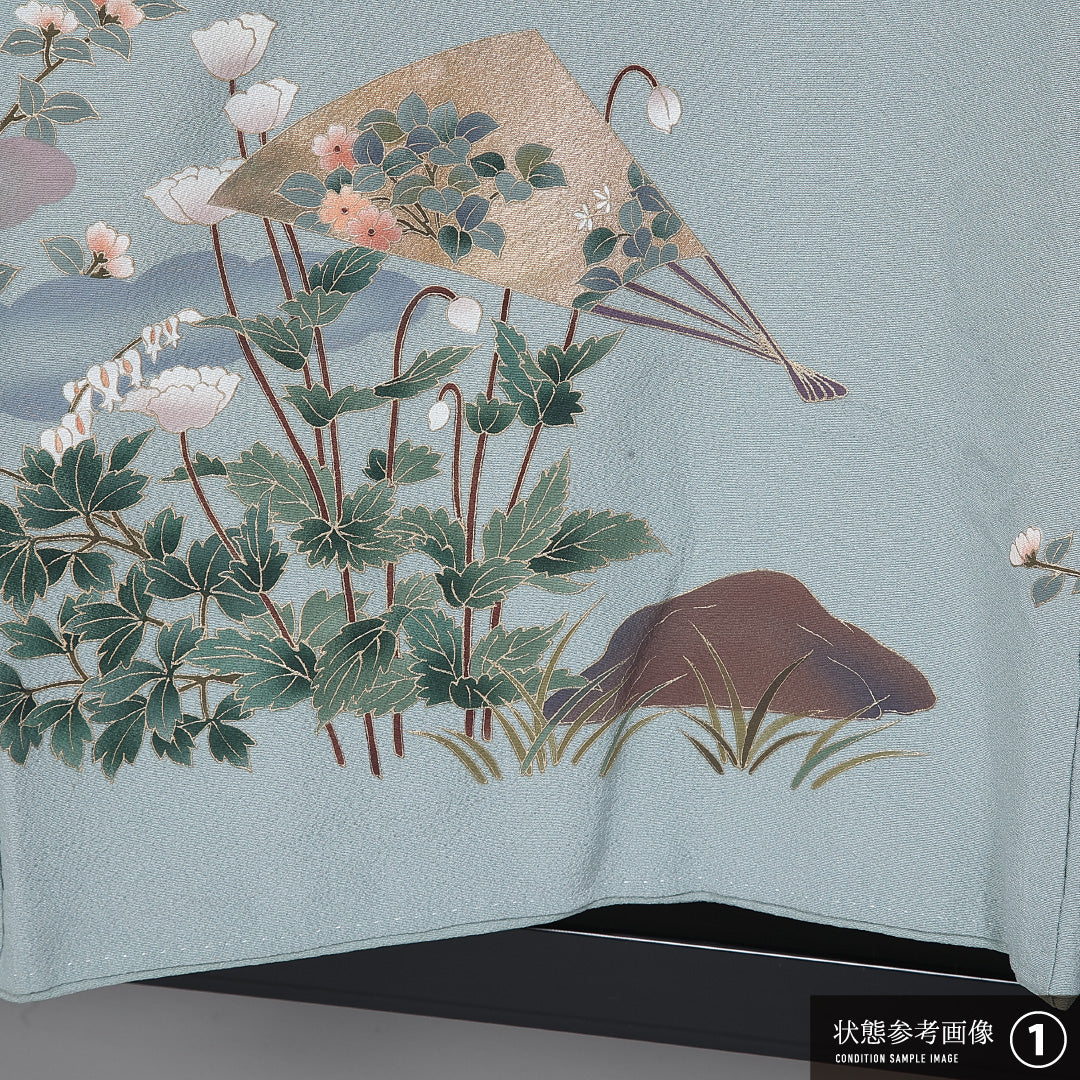 色留袖 身丈153cm 裄丈66.5cm 袷 一つ紋 三つ柏 正絹 Aランク 広衿 金箔 牡丹 桜 1211-F0415