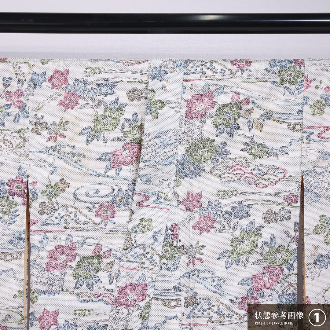 紬 袷 身丈149cm 裄丈62cm 正絹 Bランク カジュアル バチ衿 XSサイズ 流水 十字絣 桔梗 朝顔 白系 RP 1223-11709