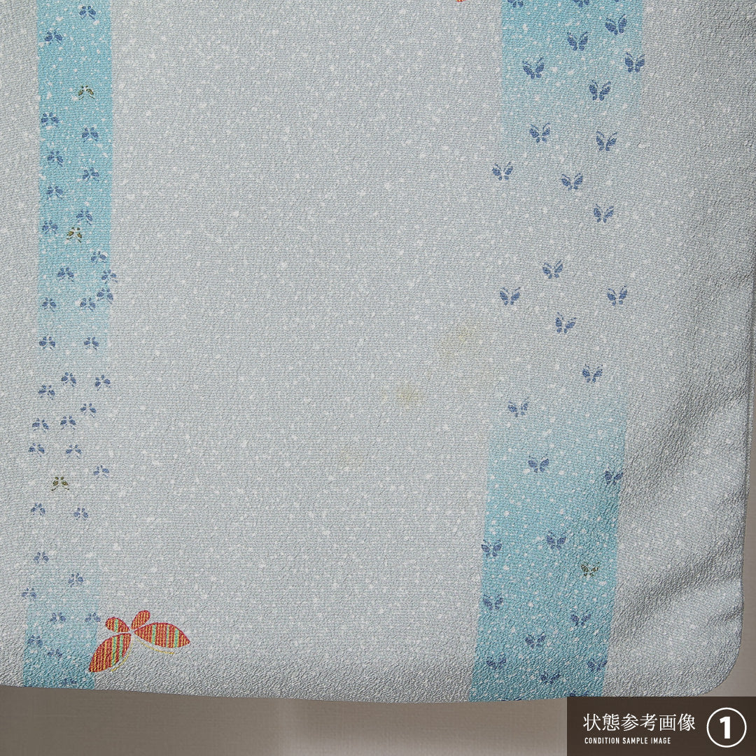 洗える着物 小紋 袷 身丈166cm 裄丈61cm ポリエステル Bランク インフォーマル 広衿 XLサイズ 蝶 グレー系 RP 1221-14919