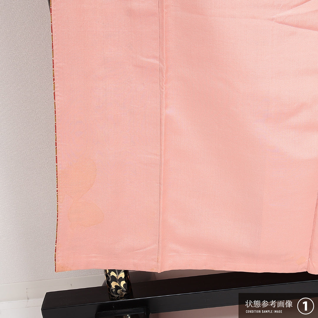小紋 袷 身丈157cm 裄丈61cm 正絹 Sランク インフォーマル バチ衿 Mサイズ 笹 朱系 RP 1221-14891