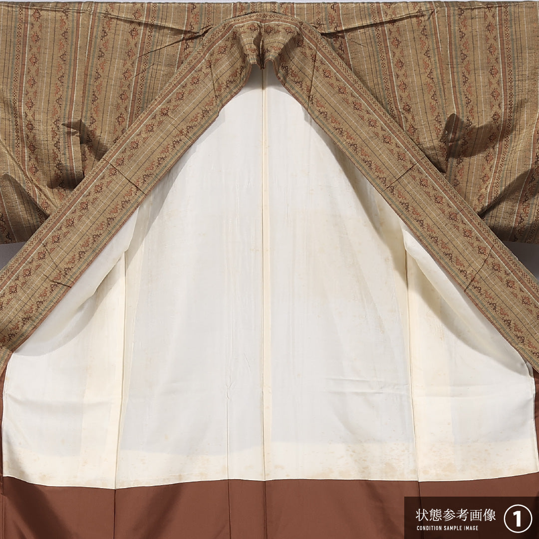紬 袷 身丈154cm 裄丈63cm 正絹 Aランク カジュアル 広衿 Sサイズ 縞 茶系 RP 1223-11628