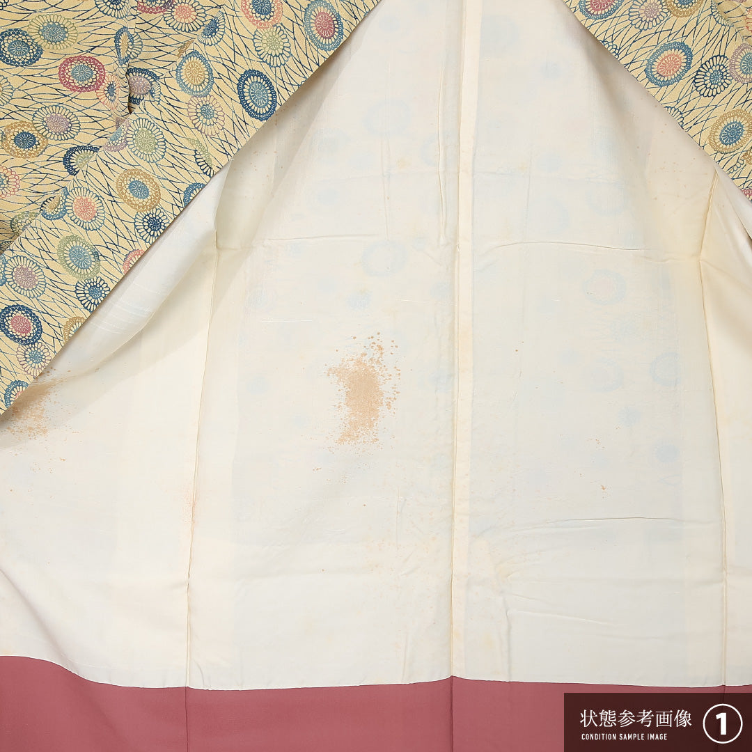 小紋 袷 身丈148cm 裄丈60cm 正絹 Bランク インフォーマル 広衿 XSサイズ 芝草 菊 黄系 HP 1221-11965