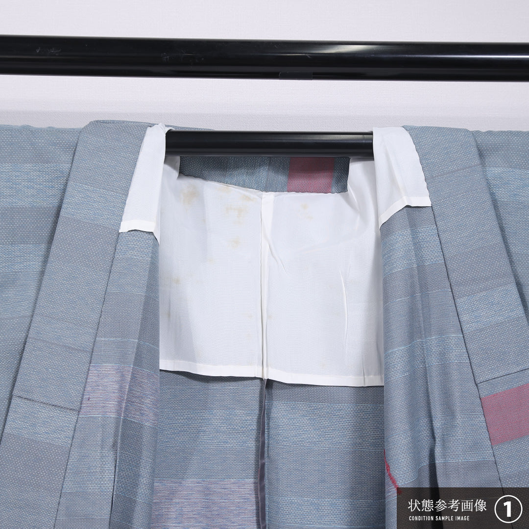 紬 単衣 身丈156cm 裄丈61cm 正絹 Aランク カジュアル バチ衿 Mサイズ 肩当て 創作柄 水色系 HP 1223-11727