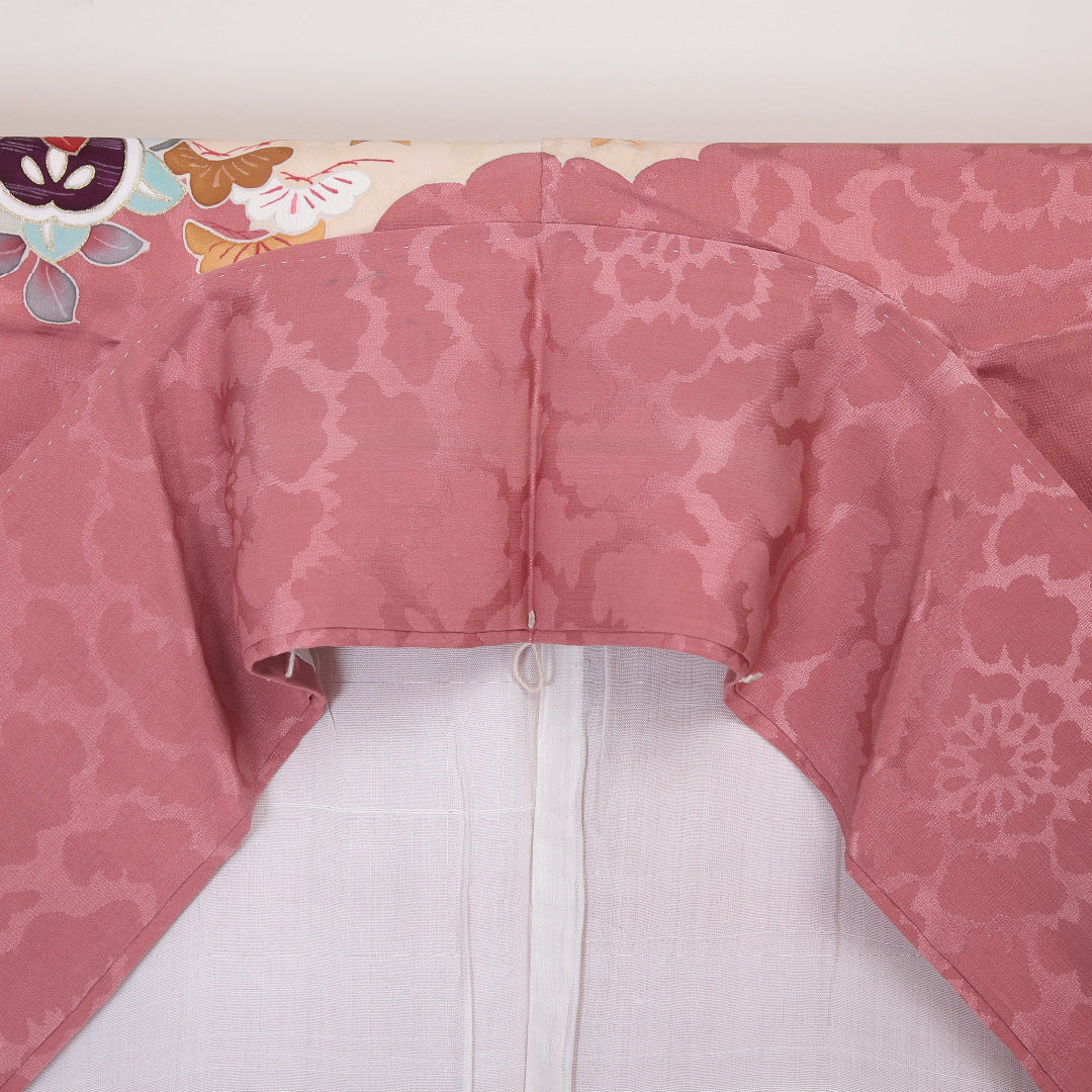 アンティーク 訪問着 (錦紗) 袷 身丈151cm 裄丈63cm 正絹 Aランク 紋意匠 (吉祥文様) 広衿 Sサイズ 花柄 吉祥文様 ピンク系 RP 1217-04501