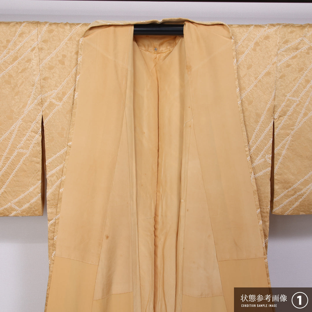 小紋 袷 身丈152cm 裄丈63cm 正絹 Aランク インフォーマル 広衿 Sサイズ 扇 黄系 RP 1221-11447