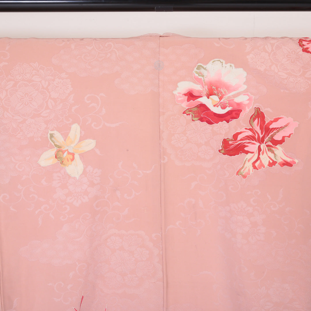 アンティーク 訪問着 袷 身丈148cm 裄丈66cm 正絹 Cランク 一つ紋 バチ衿 XSサイズ 金彩 薔薇 ピンク系 PO 1217-04493