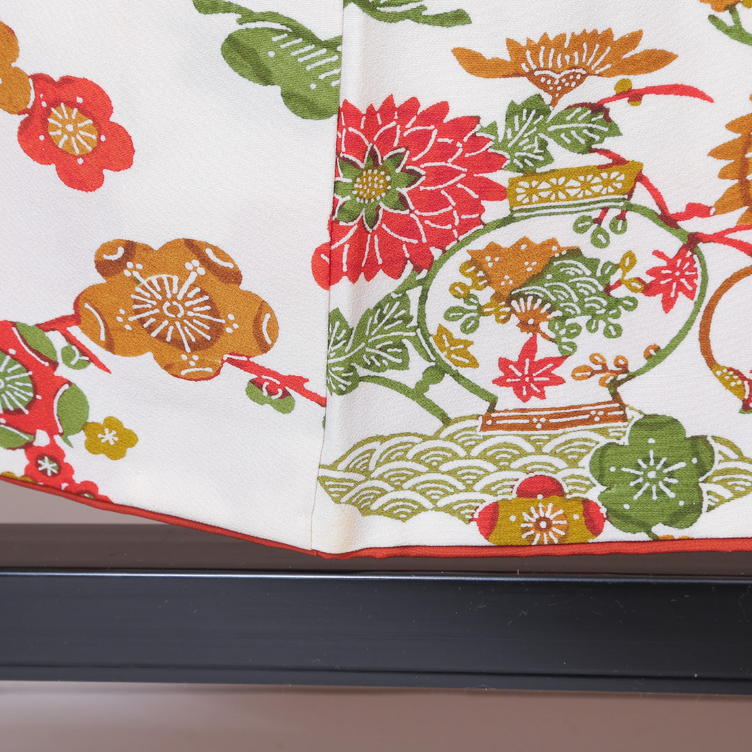 小紋 袷 身丈154cm 裄丈62cm 正絹 Bランク Sサイズ バチ衿 インフォーマル 紅型 花柄 白系 1215-01856