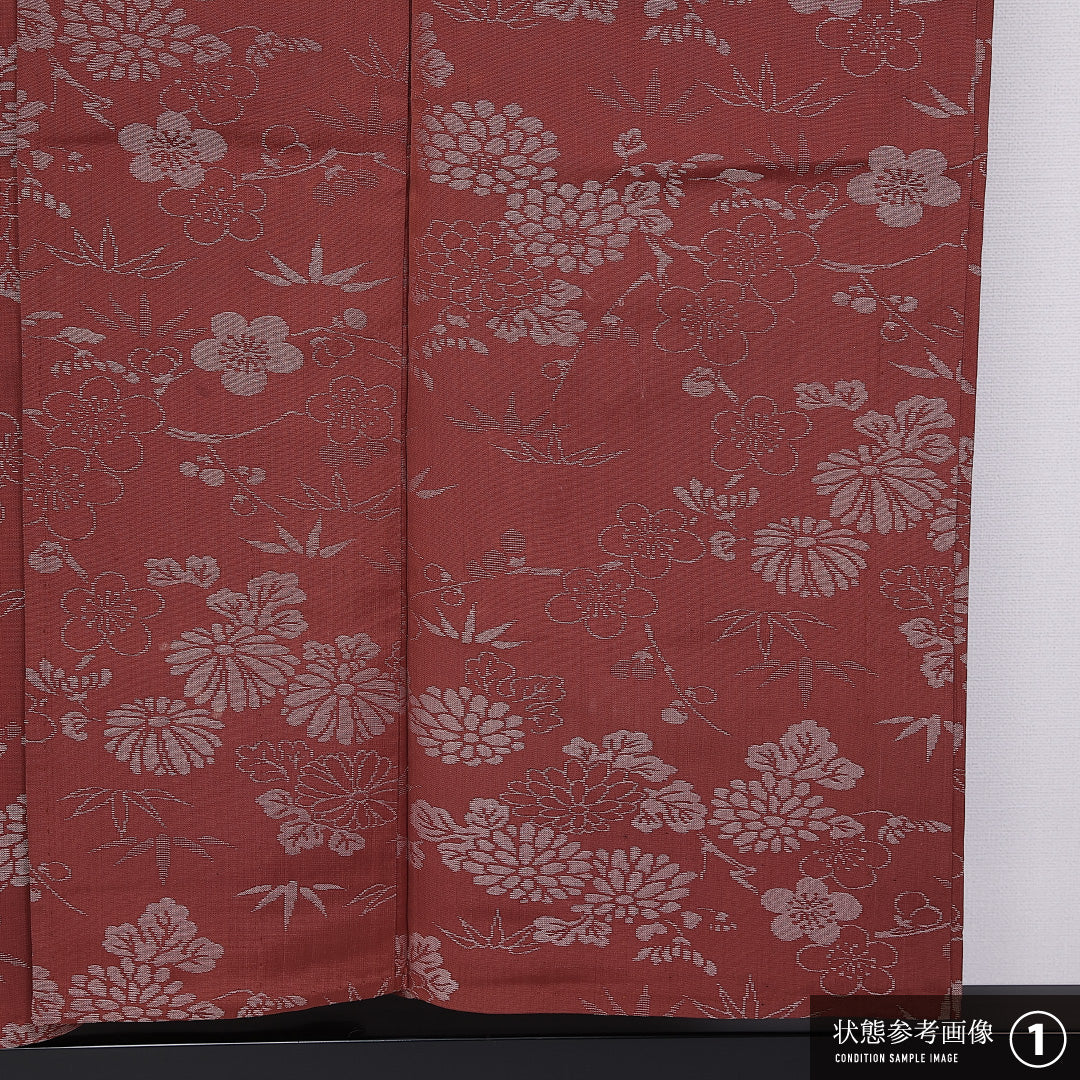 お召 身丈149cm 裄丈63.5cm XS 正絹 Bランク 単衣 広衿 菊 梅 笹 1265-11026