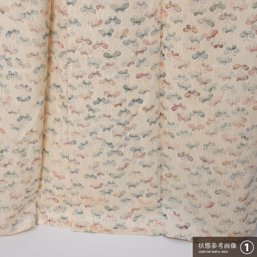 小紋 単衣 身丈160cm 裄丈62cm 正絹 Aランク インフォーマル 広衿 Lサイズ 蝶 クリーム系 HP 1221-12251