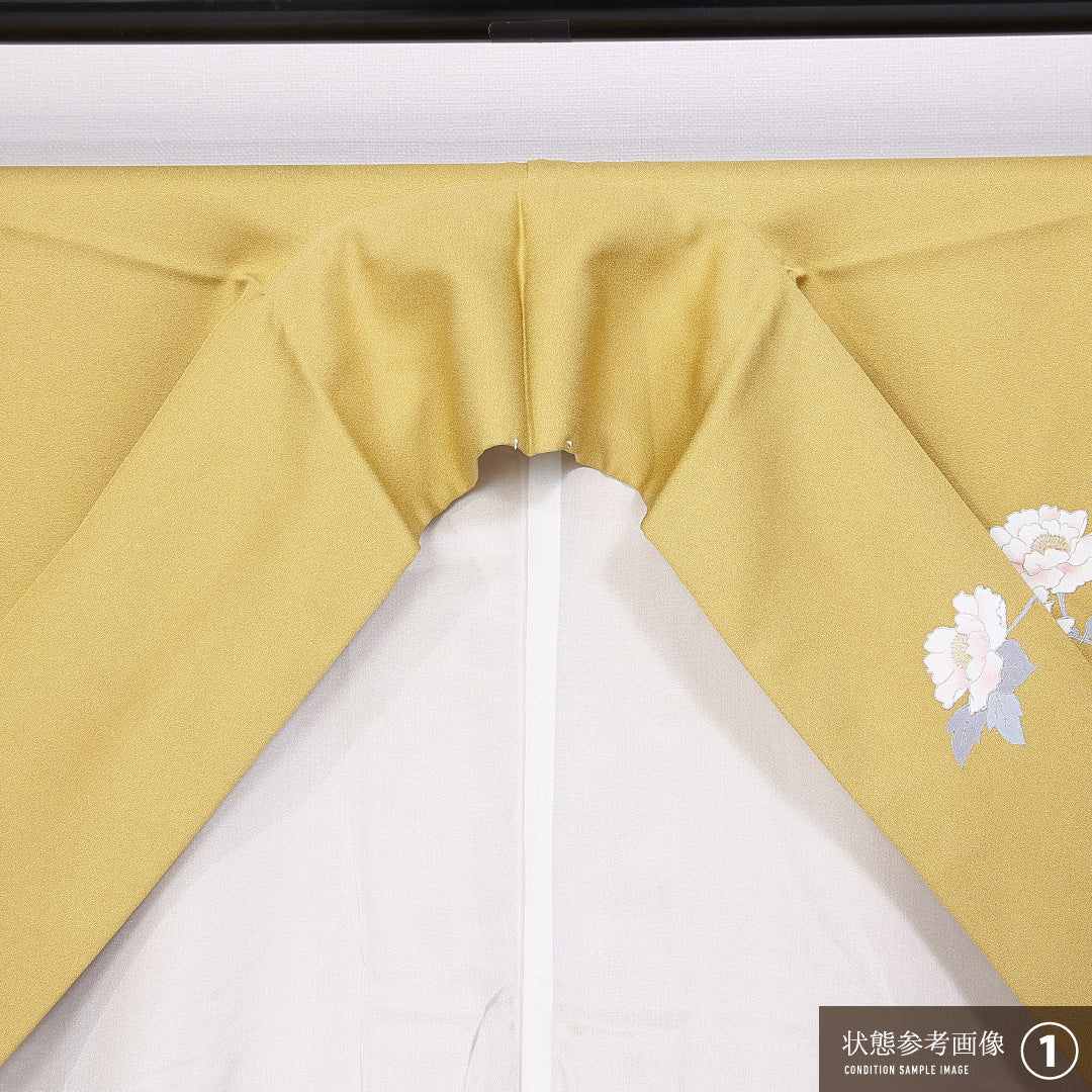 訪問着 袷 身丈158cm 裄丈63cm 正絹 Aランク セミフォーマル 広衿 Mサイズ ぼかし染 引箔 流水 牡丹 黄系 RP 1217-11180