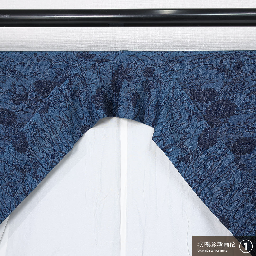 小紋 身丈162cm 裄丈65cm Bランク L 正絹 袷 広衿 クラシカル 藍型 流水 菊 紅葉 カジュアル 青系 1215-11968