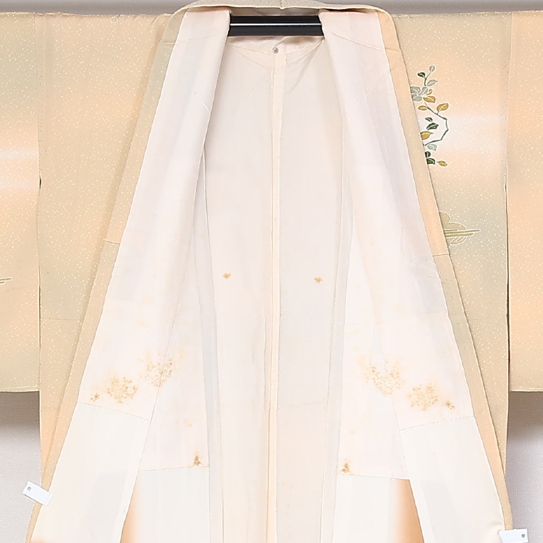 付下げ 袷 身丈149cm 裄丈61cm 正絹 Cランク インフォーマル 広衿 XSサイズ ぼかし染 金彩 生け花 クリーム系 HP 1218-04785
