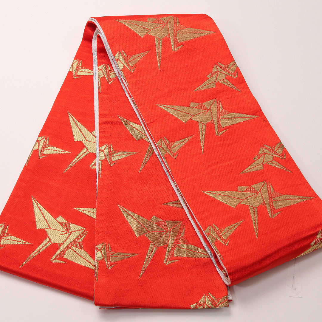 半幅帯 帯丈316cm ポリエステル 全通 小袋帯 リバーシブル カジュアル 折鶴 金銀糸 朱系 金系 1247-00702