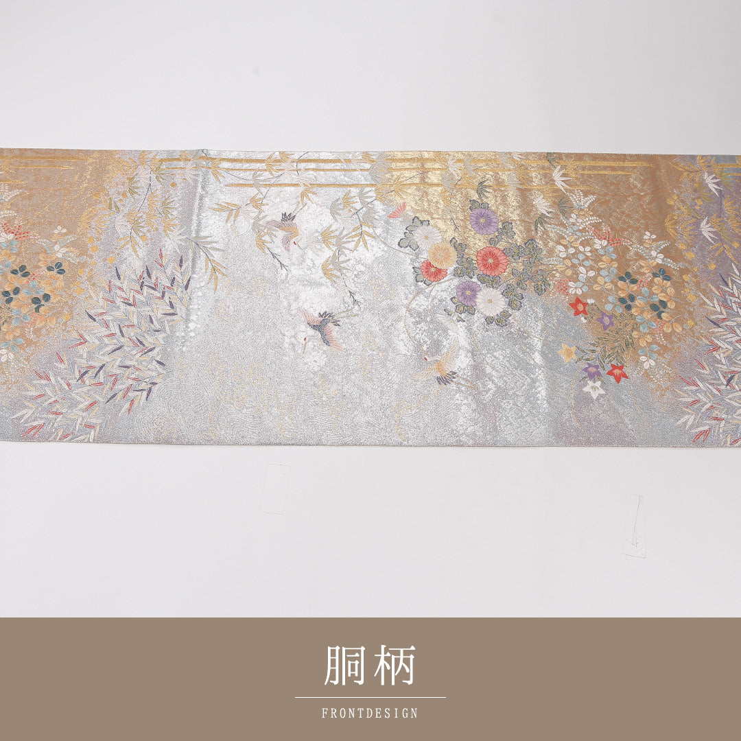 鶴 袋帯 帯丈428cm 正絹 六通 フォーマル 菊 白系 銀系 1243-02635