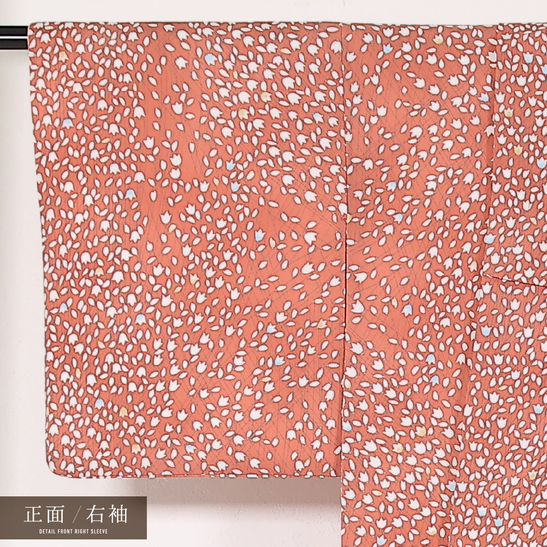 洗える着物 小紋 袷 身丈159cm 裄丈65cm ポリエステル Sランク インフォーマル 広衿 Lサイズ 花弁 朱系 LP 1221-17452